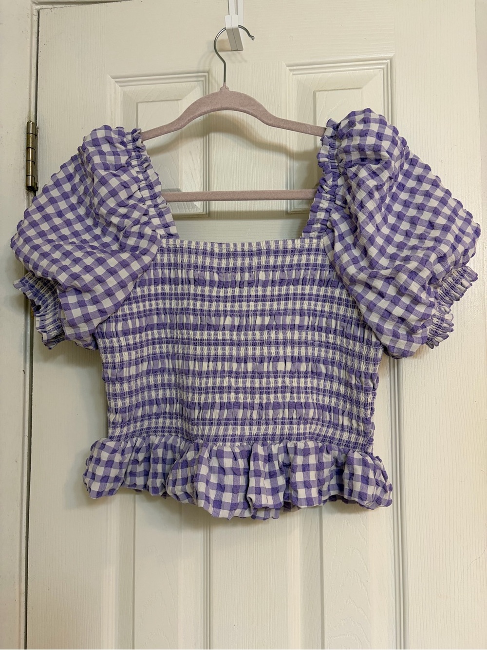 ⚡️SALE⚡️ The Impeccable Pig Lavender Gingham Puff Sleeve Smocked Top Size M - Picture 2 of 2